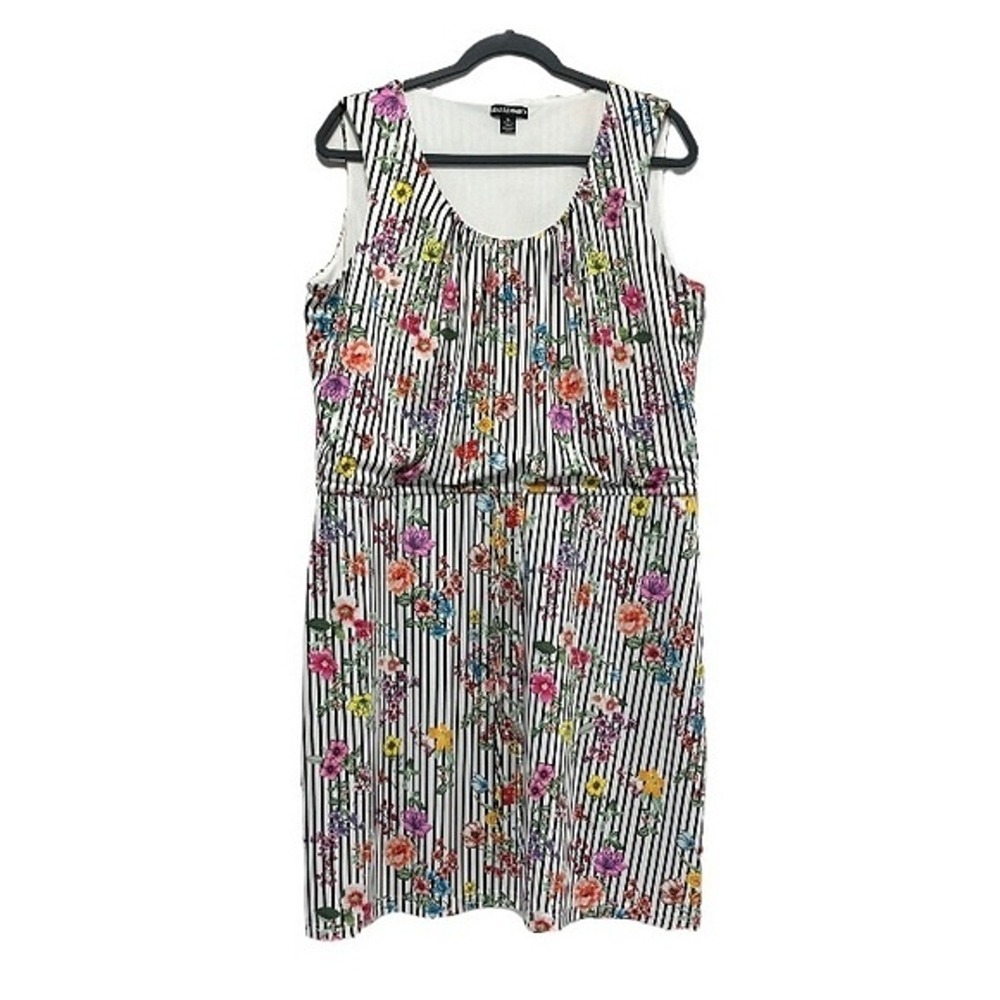 Nina Leonard Women's Sleeveless Floral Striped Elastic Waist Dress XL